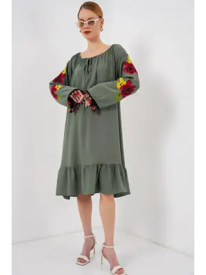 Nakışlı Midi Elbise 2531 - Haki