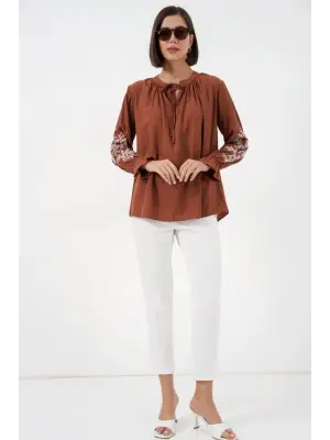 Nakışlı Örme Bluz 941 - Kiremit