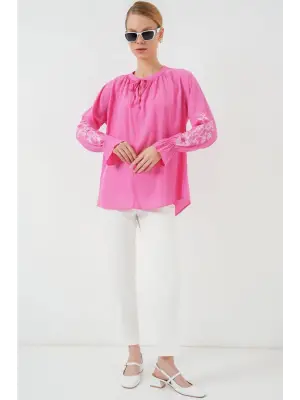 Nakışlı Örme Bluz 941 - Pembe
