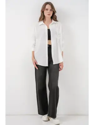 Nakışlı Oversize Gömlek 20338 - Beyaz