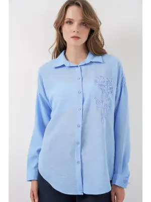 Nakışlı Oversize Gömlek 20338 - Mavi