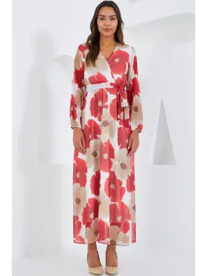 Nar Bej Çiçek Desenli Şifon Elbise 2134