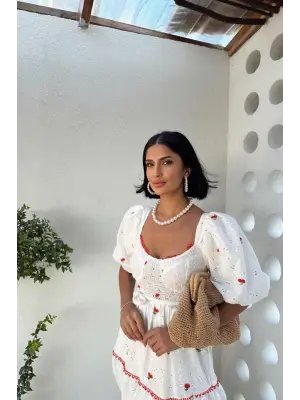 Omarı Nar Çiçeği Dantelli Elbise