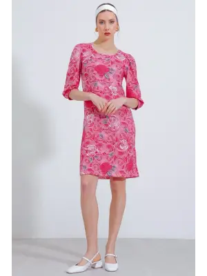 Nar Gül Desenli Midi Elbise 2477