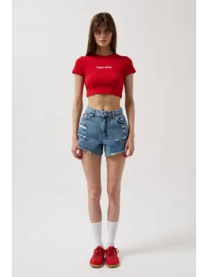 Omarı Renkli Baskılı Crop T-Shirt Modeli