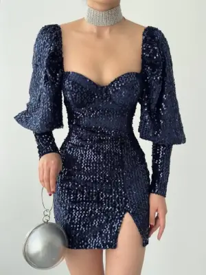 Omarı Çarpıcı Siyah Payet Elbise