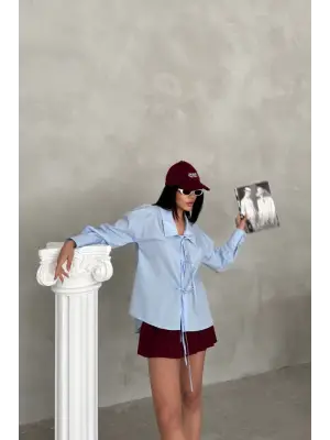 Omarı İp Bağlama Detaylı Okul Yaka Gömlek - Bebe Mavi