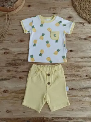 Omarı Ananas Baskılı Bebek Takımı - Sarı Renk 3-12 Ay