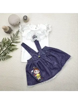 Omarı Arı Nakışlı Kot Desenli Bebek Salopet Takımı