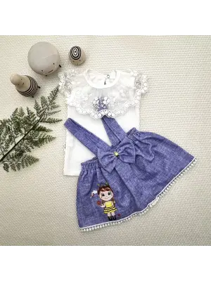 Omarı Arı Nakışlı Kot Desenli Bebek Salopet Takımı