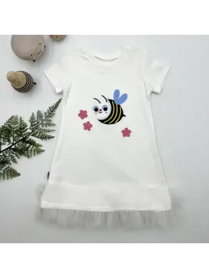 Omarı Arıcık Nakışlı Fırfırlı Beyaz Kız Çocuk Elbisesi