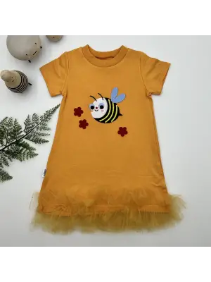 Omarı Arıcık Nakışlı Fırfırlı Jile Kız Çocuk Elbisesi - Turuncu