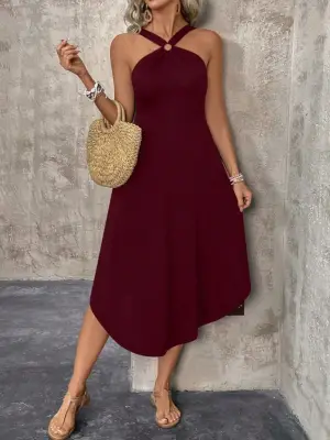 Omarı Asimetrik Kesim Halka Detaylı Elbise