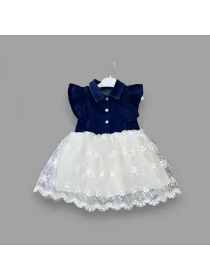 Omarı Astarlı Brode Etekli Kot Kumaş Düğmeli Çocuk Elbisesi Mavi