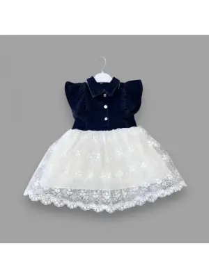 Omarı Astarlı Brode Etekli Kot Kumaş Düğmeli Kız Çocuk Elbisesi