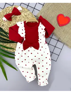 Omarı Bandanalı Fiyonk Detaylı Kız Bebek Tulumu - Kırmızı Kalp Desenli