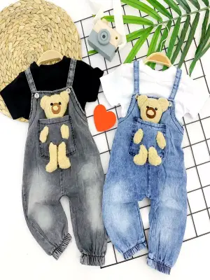 Omarı Bebeğiniz İçin Sevimli Ayıcıklı Cep Detaylı Mavi Salopet Takımı