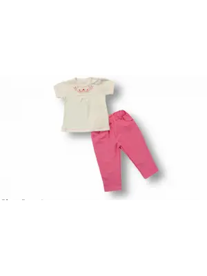 Omarı Bebek Kısa Kollu Nakışlı Sweatli Takım Pembe