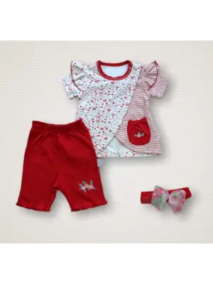 Omarı Bebek Kız Takımı Kısa Kollu Sweat ve Şort Seti - Kırmızı
