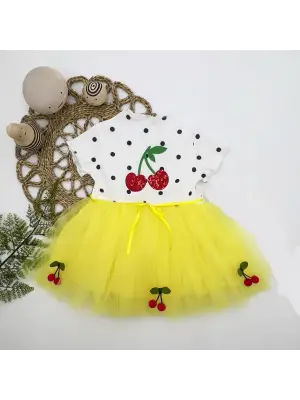 Omarı Bebek Tütü Elbisesi Sarı Kiraz Nakışlı Etekli