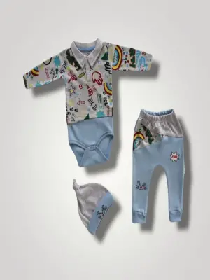 Omarı Canlı Renklerde Kedi Nakışlı Bebek 3lü Takım