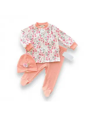 Omarı Çiçek Baskılı Çıtçıt Kapamalı Patikli Kız Bebek Takımı - Somon