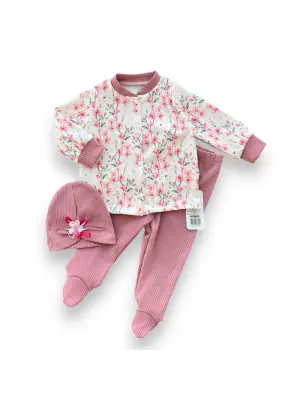 Omarı Çiçek Baskılı Kız Bebek Takımı Gül Kurusu