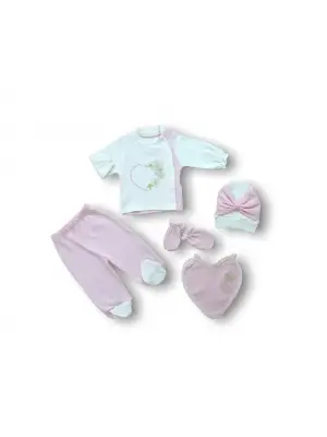 Omarı Çiçek Desenli 5li Bebek Zıbın Takımı Pembe