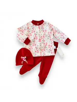 Omarı Çiçek Desenli Kız Bebek Patikli 3lü Takım Kırmızı