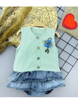 Omarı Çiçek Detaylı Kot Kilotlu Etek Kız Bebek Elbisesi Yeşil