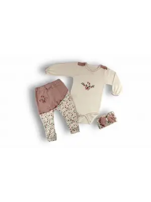 Omarı Çiçek Nakışlı Bandanalı Kız Bebek Takımı - Ekru
