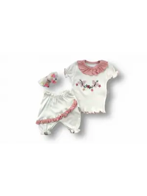 Omarı Çiçek Nakışlı Kız Bebek Takımı, Pudra Rengi