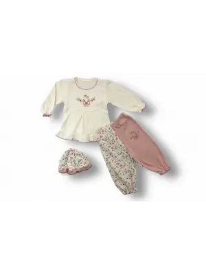 Omarı Çiçek Nakışlı Şapkalı Bebek Takımı