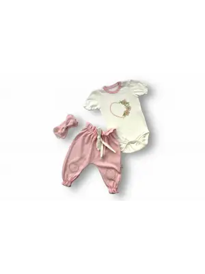 Omarı Çiçekli Kalp Nakışlı Kısa Kollu Bebek Zıbınlı Takım