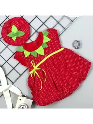 Omarı Çilek Desenli Bebek Elbisesi Kırmızı