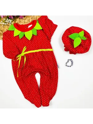 Omarı Çilek Desenli Bebek Tulumu Hediyeli Uzun Kollu - Kırmızı