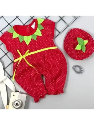Omarı Çilek Desenli Bebek Tulumu - Kırmızı Penye Kumaş, 3-6-9 Ay