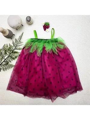 Omarı Çilek Kostüm Kız Çocuk Elbise - 2-3-4 Yaş Fuşya