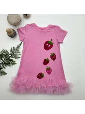 Omarı Çilek Nakışlı Fırfırlı Pembe Kız Çocuk Elbisesi