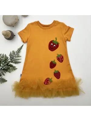 Omarı Çocuk Elbisesi - Çilek Nakışlı Fırfırlı Jile Eteği Turuncu