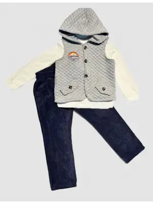 Omarı Çocuk Takımı Kapitone Kapşonlu Yelek ve Pantolon Seti Grey