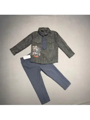 Omarı Çocuk Takımı Uzun Kollu Keten Gömlek Gabardin Pantolon