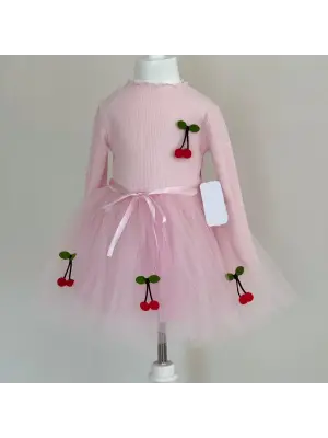 Omarı Çocuk Tütü Elbise - Kiraz Desenli Astarlı Uzun Kollu Pembe