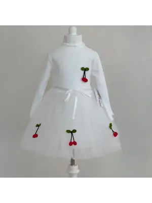 Omarı Çocuk Tütü Elbise - Kiraz Desenli Kemerli Uzun Kollu Beyaz