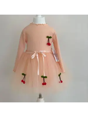 Omarı Çocuk Tütü Elbise - Kiraz Desenli, Uzun Kollu, Astarlı