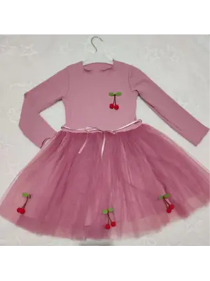 Omarı Çocuk Tütü Elbise - Kiraz Desenli ve Uzun Kollu Gül Kurusu