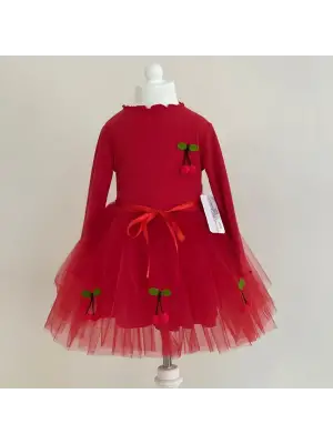 Omarı Çocuk Tütü Elbise - Kırmızı Kiraz Desenli Uzun Kollu Astarlı