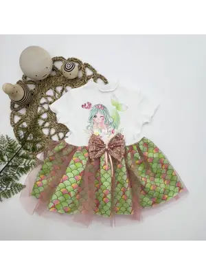 Omarı Denizkızı Desenli Etekli Bebek Elbisesi Ekru