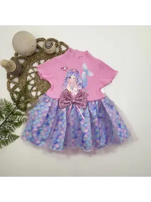 Omarı Denizkızı Desenli Pembe Bebek Elbisesi