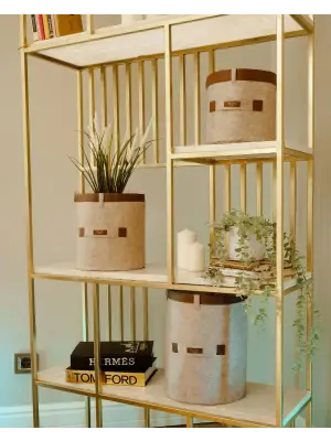 Omarı Deri Şeritli Yuvarlak Organizer Kutu Keçe Sepet